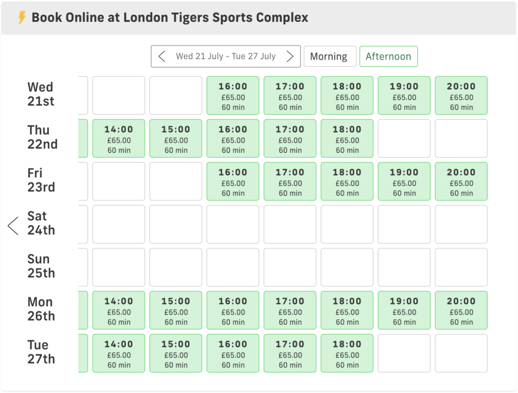 London Tigers booking calendar on Playfinder