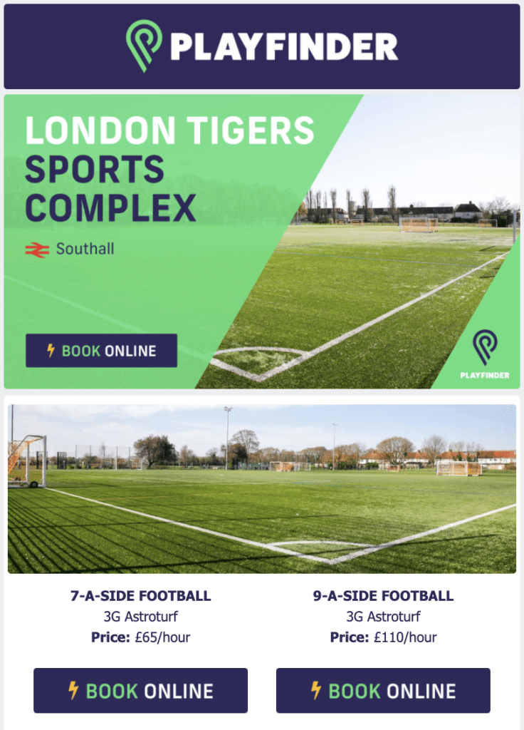 London Tigers Sports Complex Playfinder marketing email
