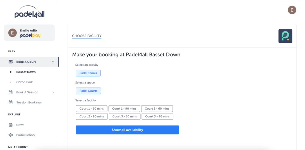 padel4all court booking calendar