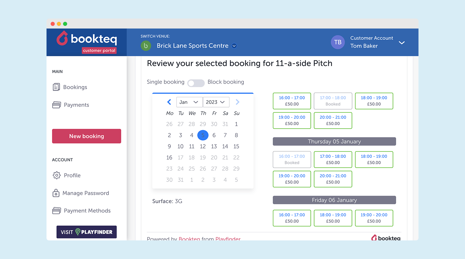 Customer portal for Bookteq sports facility booking software