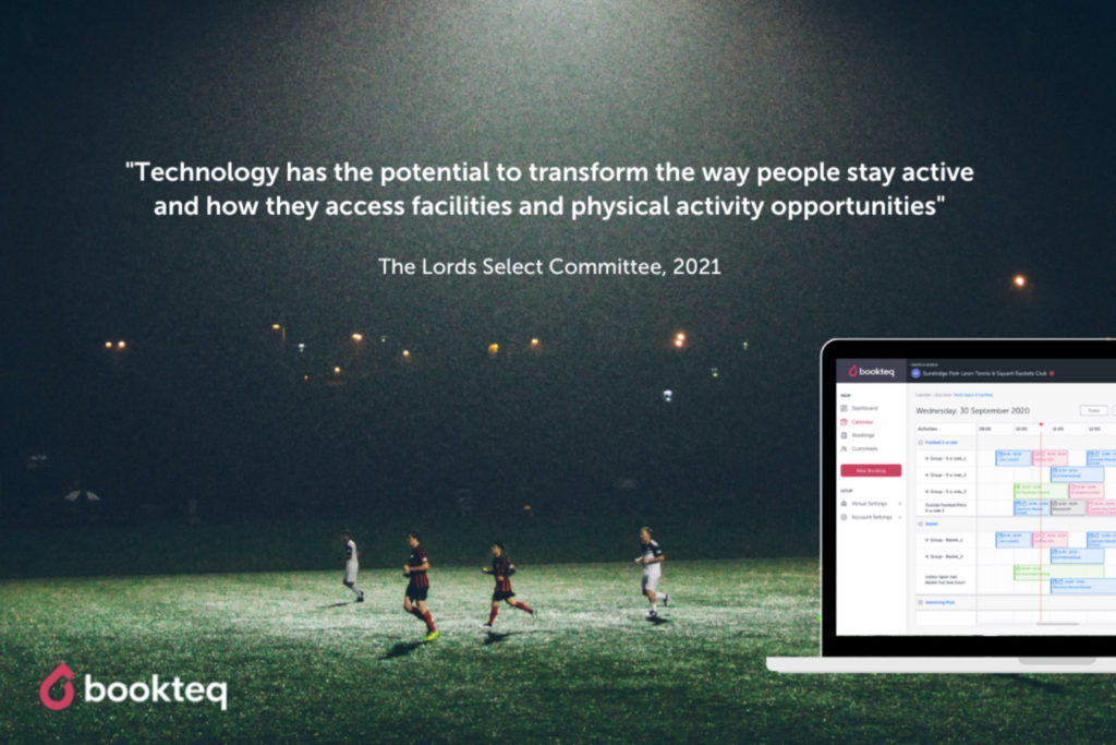 Bookteq school lettings booking software calendar overlayed an image of school hirers playing football