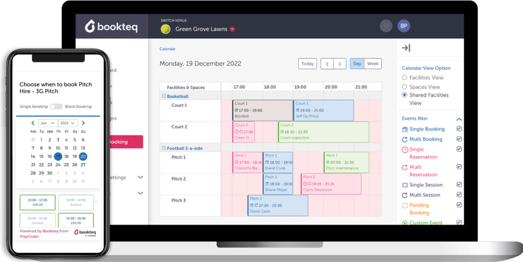 screenshot of Bookteq's sports facility booking software App and online calendar