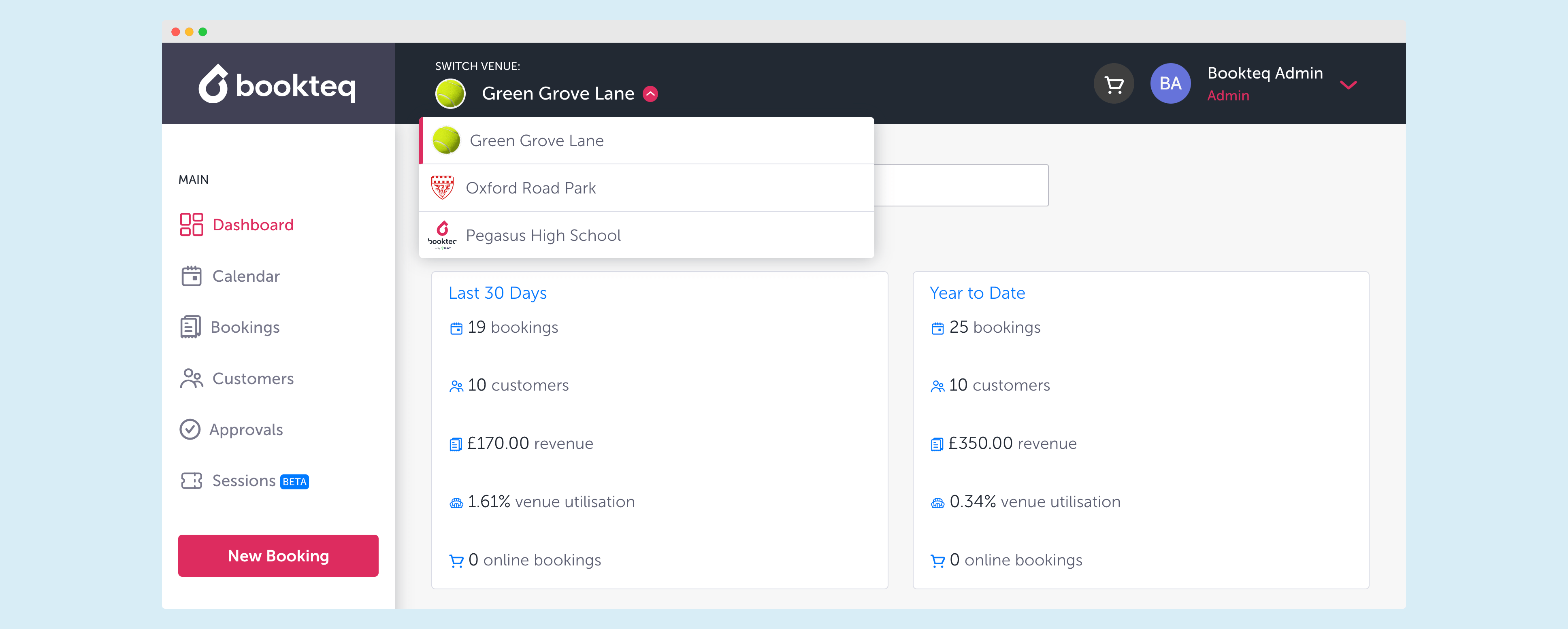 Bookteq dashboard - manage multiple facilities