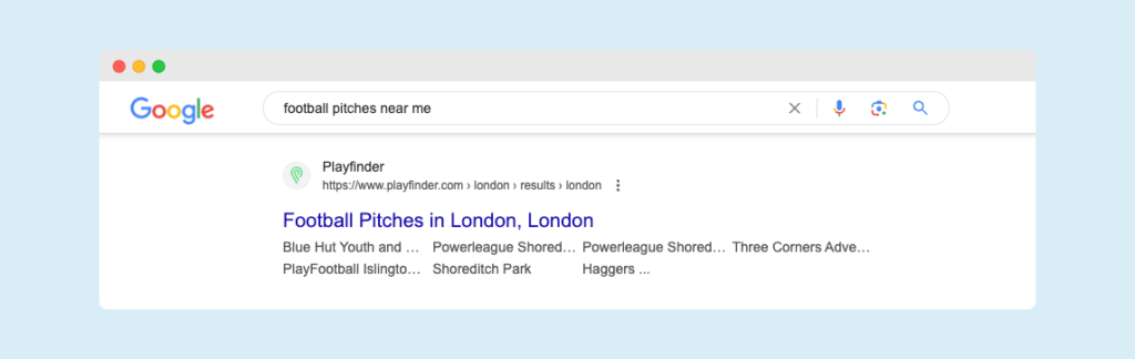 Screenshot of search engine results page - for the phrase football pitches near me