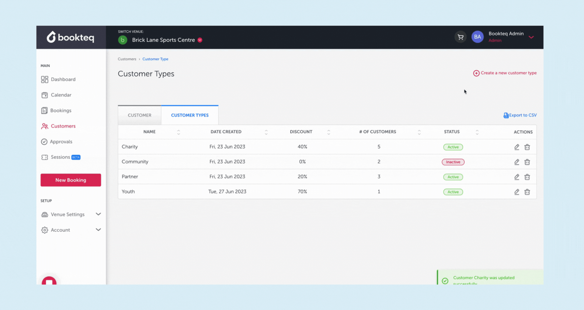 GIF showing the Customer Types feature in action on Bookteq booking software