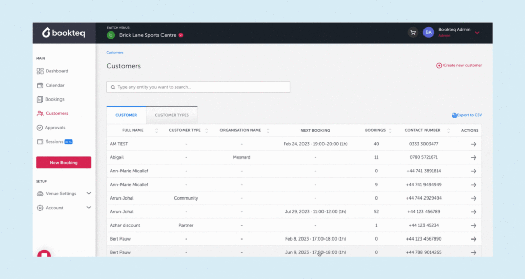 GIF showing how to toggle between Customers and Customer Types on the Bookteq facility booking software