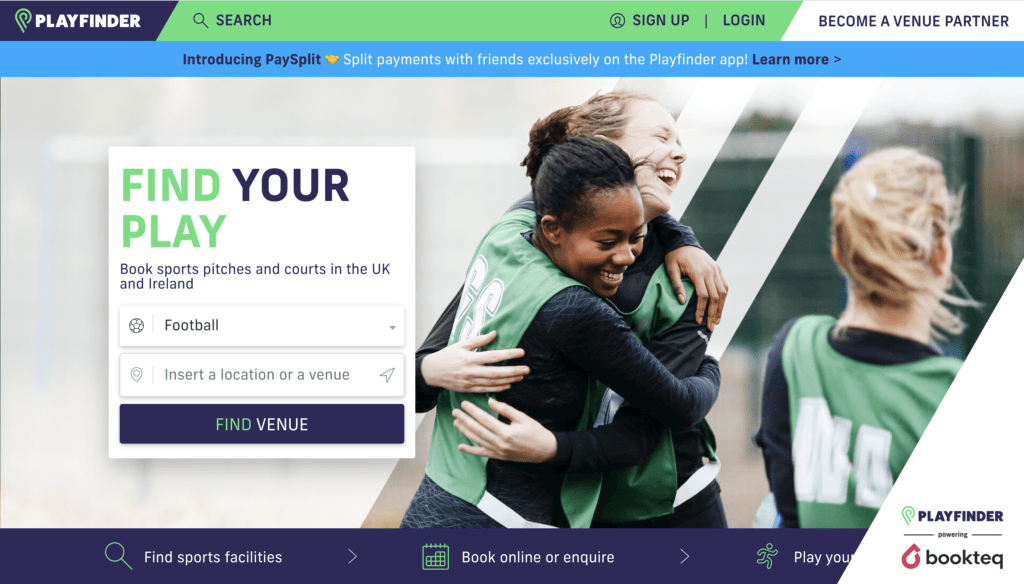 Screenshot of Playfinder's sport facility booking marketplace website