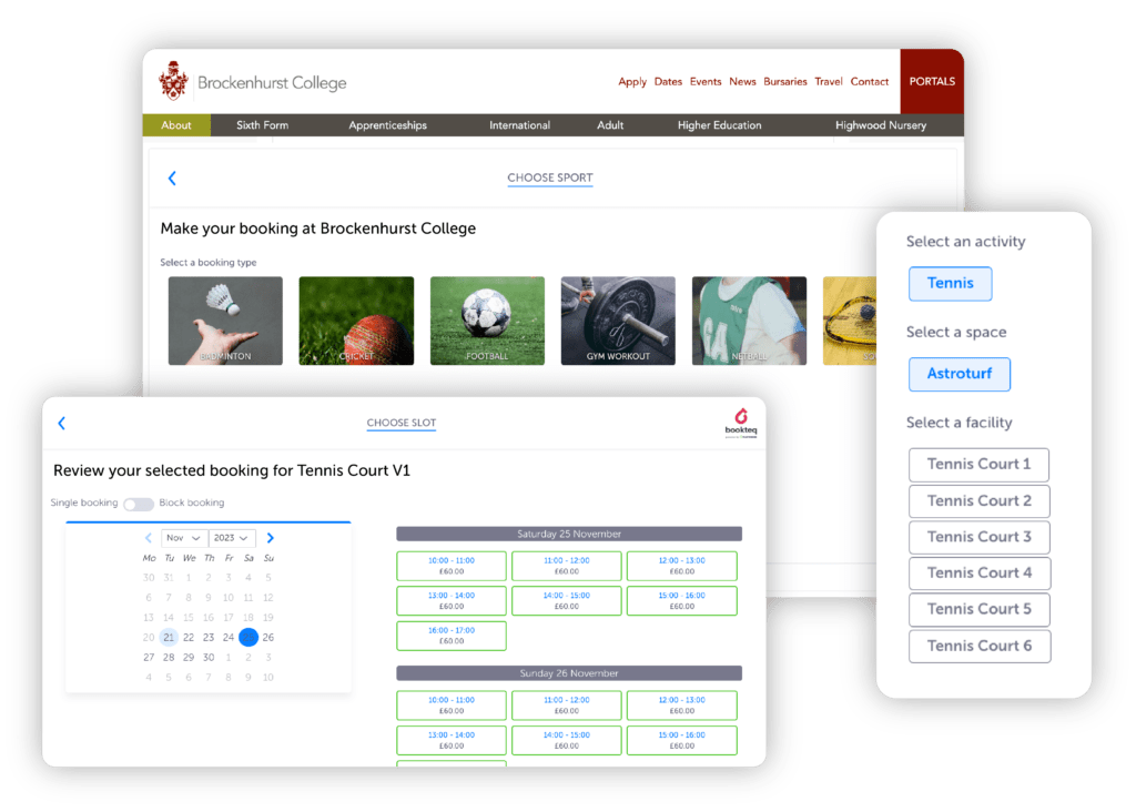 Online booking widget to book badminton, basketball, and squash courts on
