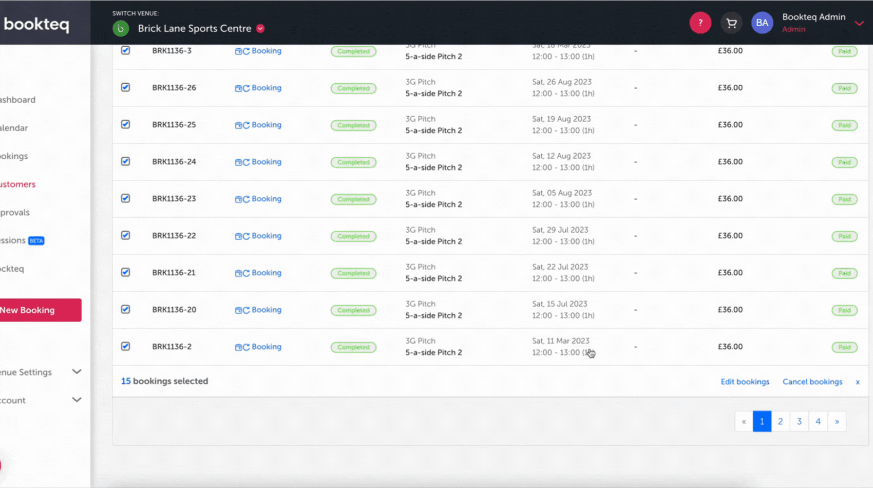 GIF illustrating how to bulk edit sport facility bookings using Bookteq software 