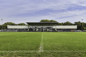 Grass football pitch with a stadium