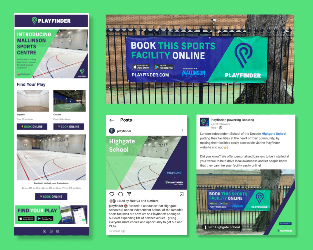 Screenshots of Playfinder's marketing efforts for Highgate School's sport Facilities